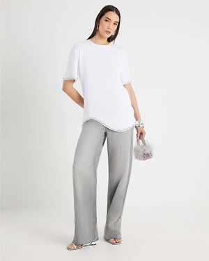 River Island Womens T-Shirt White Scallop Hem Diamante