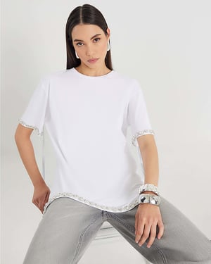 River Island Womens T-Shirt White Scallop Hem Diamante