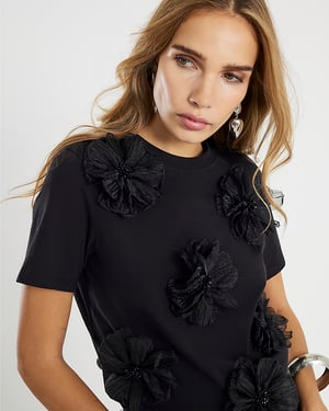 River Island Womens T-Shirt Black Short Sleeve 3D Flower Diamante