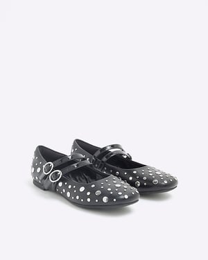 River Island Girls Ballet Pumps Black Faux Leather Stud Shoes