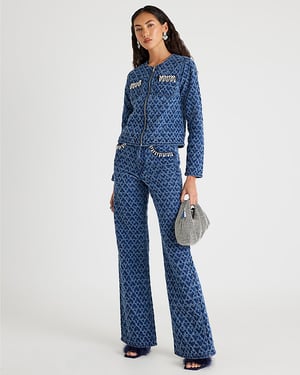 River Island Womens Straight Leg Jeans Blue Boucle Embellished Denim
