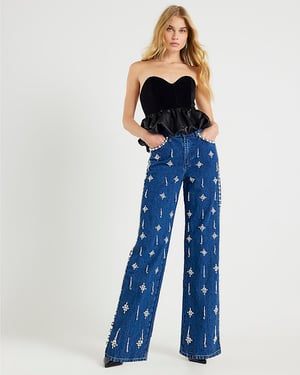 River Island Womens Straight Leg Jeans Blue Embellished Relaxed Denim