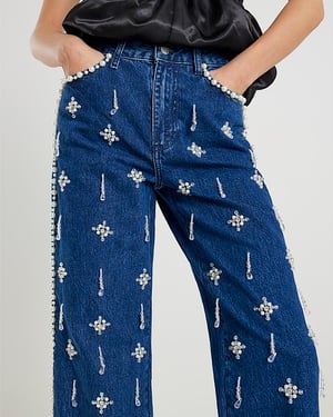 River Island Womens Straight Leg Jeans Blue Embellished Relaxed Denim
