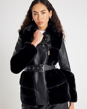 River Island Womens Biker Jacket Black Faux Fur Panelled