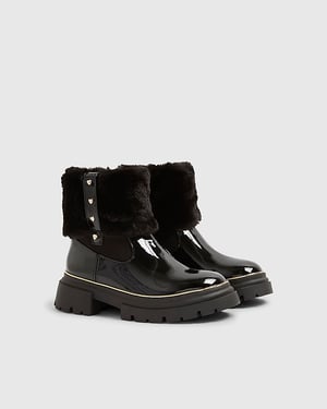 River Island Girls Boots Black Faux Fur Cuff Patent