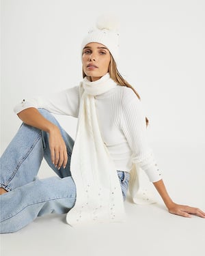 River Island Womens Hat & Scarf Set Cream Diamante 2 Piece