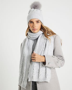 River Island Womens Hat & Scarf Set Grey Diamante 2 Piece