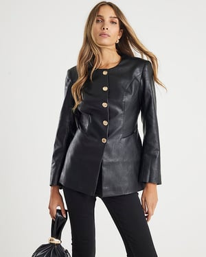 River Island Womens Jacket Black Faux Leather Button Collarless