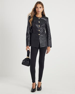 River Island Womens Jacket Black Faux Leather Button Collarless