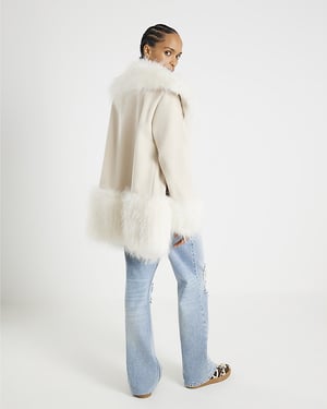 River Island Womens Coat Cream Faux Fur Swing
