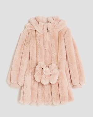 River Island Girls Coat Pink Faux Fur With Bag