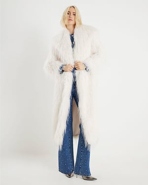 River Island Womens Coat Cream Faux Shaggy Fur Maxi