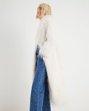 River Island Womens Coat Cream Faux Shaggy Fur Maxi