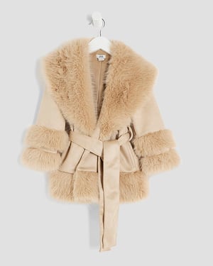 River Island Mini Girls Wrap Coat Beige Suedette Fur