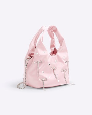 River Island Womens Grab Bag Pink Satin Diamante Bow