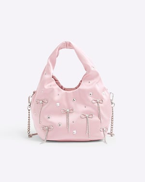 River Island Womens Grab Bag Pink Satin Diamante Bow