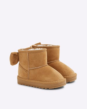 River Island Mini Girls Boots Beige Faux Suede Bow