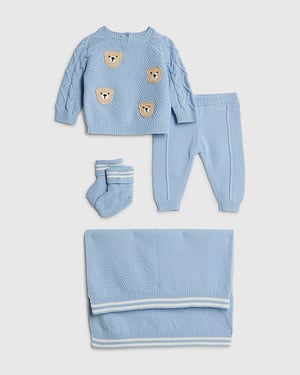 River Island Baby Boys Bear Jumper & Blanket Set Blue 4 Piece