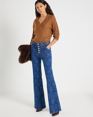 River Island Womens Flared Jeans Blue Paisley Relaxed Denim