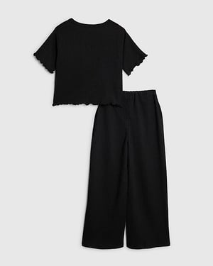 River Island Girls T-Shirt & Trousers Set Black Textured Wide Leg