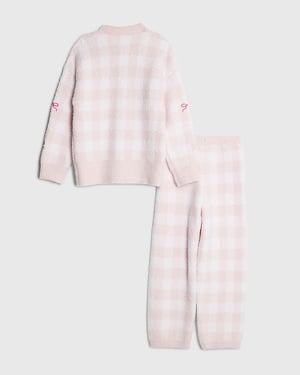 River Island Girls Cardigan & Trousers Set Pink Gingham Cosy 2 Piece
