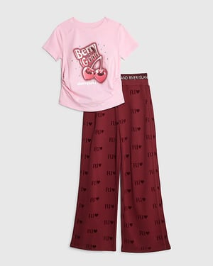 River Island Girls T-Shirt & Joggers Set Red Diamante Berry Good