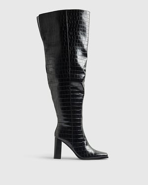 River Island Womens Thigh High Boots Black Block Heel
