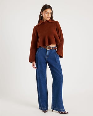 River Island Womens Jumper Orange Knit Collared Peplum Sweater