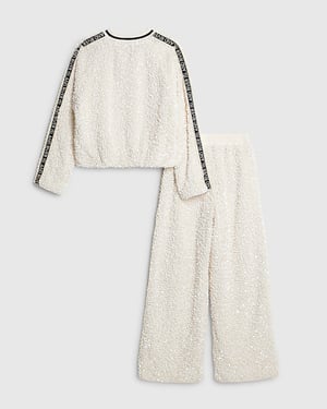 River Island Girls Trousers Cream Sequin RI Side Taped