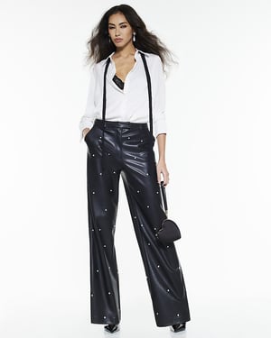 River Island Womens Trousers Black Faux Leather Pearl Embellished