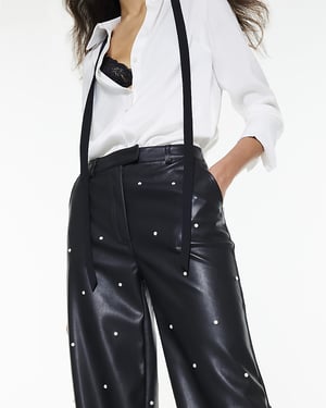 River Island Womens Trousers Black Faux Leather Pearl Embellished
