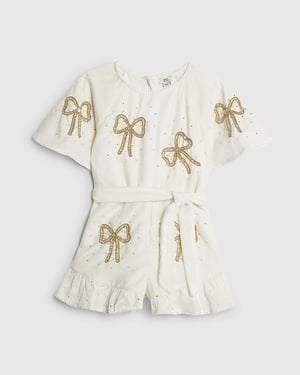 River Island Girls Playsuit Cream Velvet Bow
