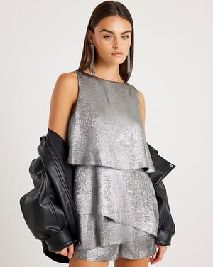 River Island Womens Playsuit Silver Metallic Frill