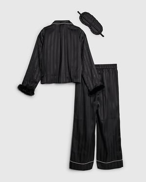 River Island Girls Pyjama Set Black Faux Fur Cuff 3 Piece