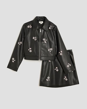 River Island Girls Jacket & Skirt Set Black Floral 2 Piece