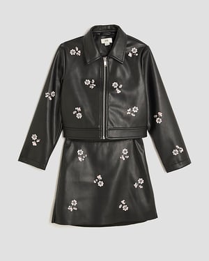 River Island Girls Jacket & Skirt Set Black Floral 2 Piece