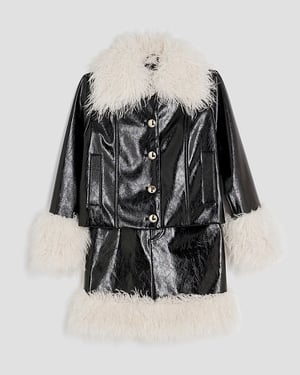 River Island Girls Jacket & Skirt Set Black Shaggy Faux Leather