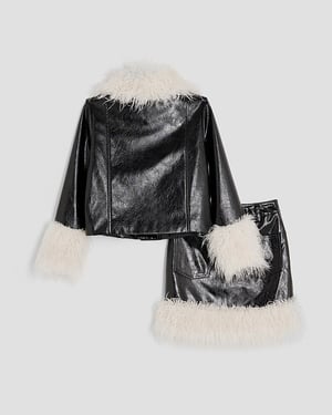 River Island Girls Jacket & Skirt Set Black Shaggy Faux Leather