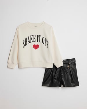 River Island Girls Sweatshirt & Skirt Set White Glitter Heart 2 Piece
