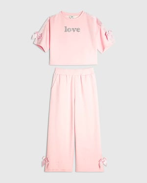 River Island Girls T-Shirt & Joggers Set Pink Love Bow 2 Piece