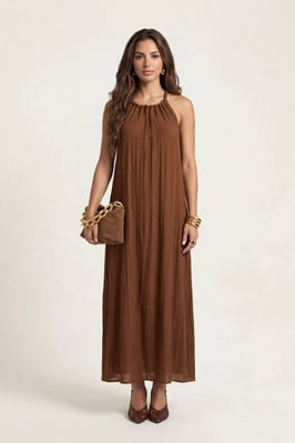 Braided Neck Trim Maxi Dress Tan
