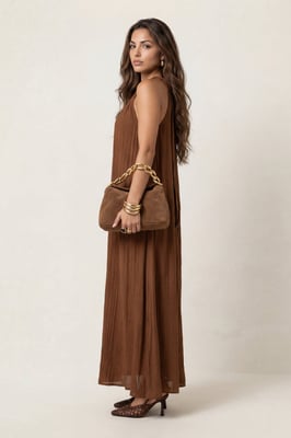 Braided Neck Trim Maxi Dress Tan