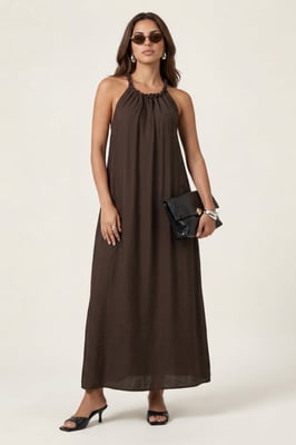 Braided Neck Trim Maxi Dress Khaki