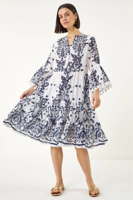 Embroidery Bead Detail Smock Dress