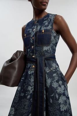Petite Jacquard Denim Full Skirted Midi Dress