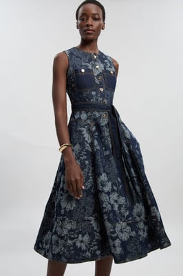 Petite Jacquard Denim Full Skirted Midi Dress