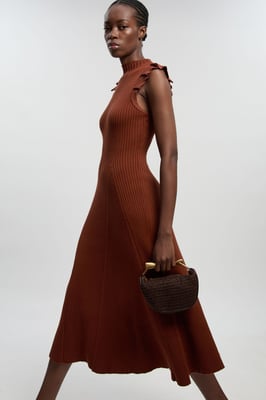 Pointelle Frill Sleeve Knit Midi Dress