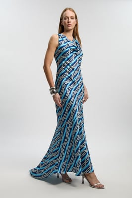 Chain Print Hammered Satin Cowl Neck Dress