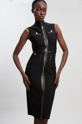 Sleeveless Pu Tipped Military Bandage Midi Dress