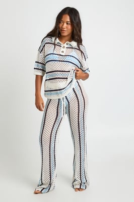 Stripe Crochet Button Down Shirt and Wide Leg Trouser Co-Ord